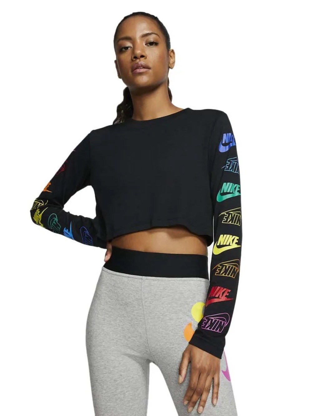 NIKE Black Cropped Long-Sleeve Top with Rainbow Sleeve Logos